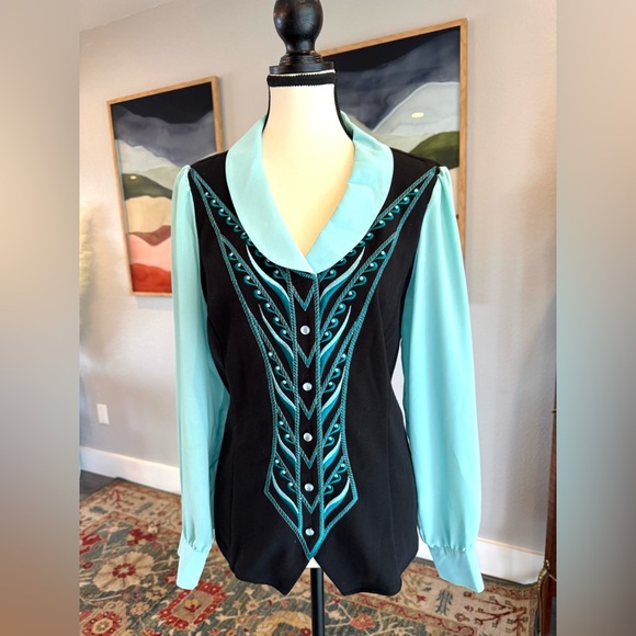 Bob Mackie Wearable Art Black and Blue Embroidered Top - Picture 8 of 11